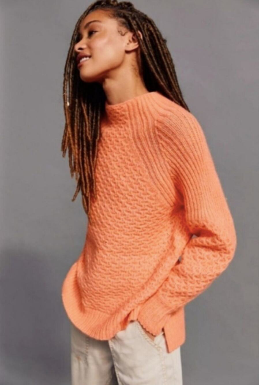Anthropologie Orange Pullover Bia Mock Neck Tunic Cable Knit Sweater // S